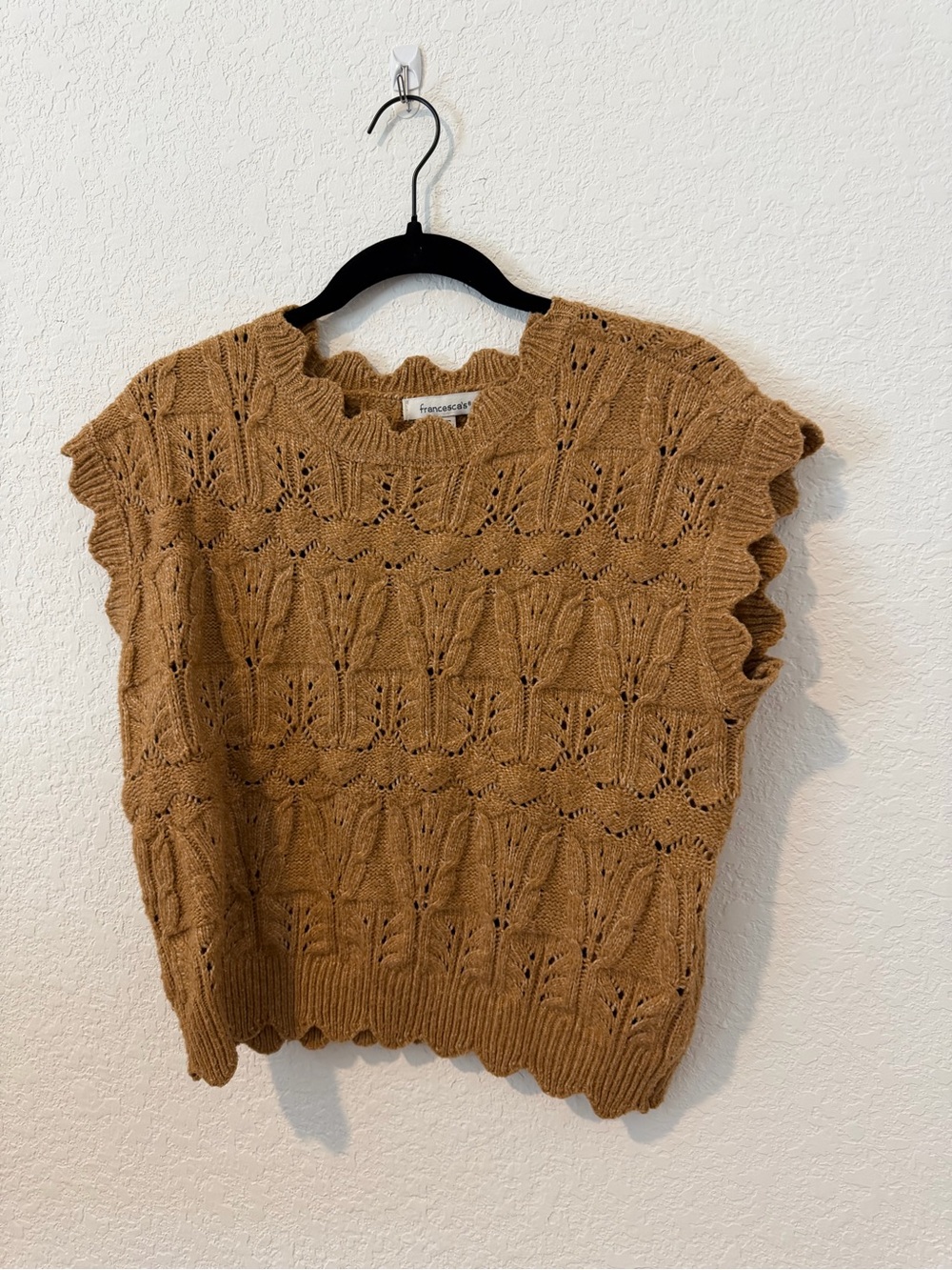 Francesca's Knit Scalloped Sleeve Openwork Sweater Vest in Camel